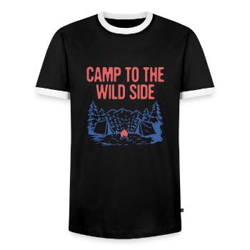 Camp to the Wild Side Camping Forest Camper Woods - Men's Ringer Shirt - black/white - Front - AI Model Female 172 light (172cm) & AI Model Male 178 light (178cm)