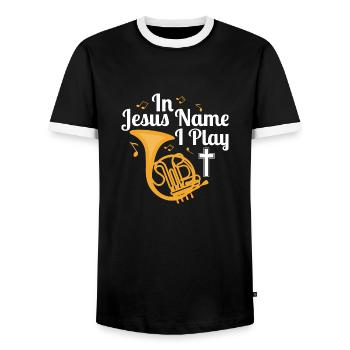 Dans Jesus Name, je joue au corniste - T-shirt contrasté Homme - noir/blanc - Devant - AI Model Female 172 light (172cm) & AI Model Male 178 light (178cm)