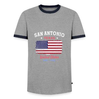 San Antonio Texas est 1718 Design for proud San - Men's Ringer Shirt - grey/navy  - Front - AI Model Female 172 light (172cm) & AI Model Male 178 light (178cm)