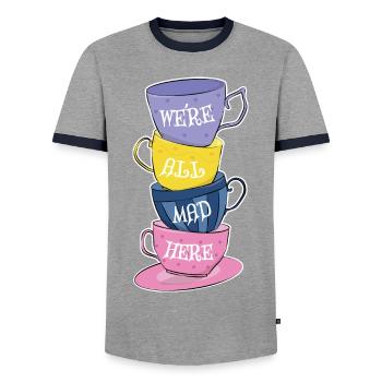 Nous sommes tous fous ici - Mad Tea Party - Tasses à thé - T-shirt contrasté Homme - gris/marine  - Devant - AI Model Female 172 light (172cm) & AI Model Male 178 light (178cm)