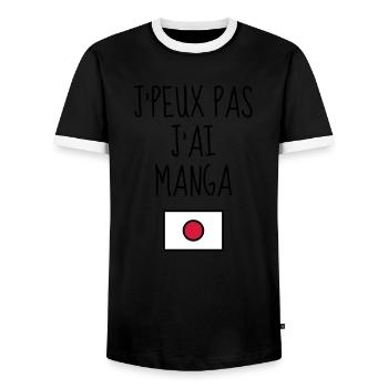 Manga Costume Geek Anime Japan Comics - Men's Ringer Shirt - black/white - Front - AI Model Female 172 light (172cm) & AI Model Male 178 light (178cm)