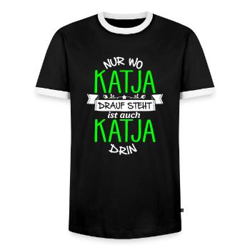 KATJA die Echte - Männer Kontrast-T-Shirt - Schwarz/Weiß - Vorne - AI Model Female 172 light (172cm) & AI Model Male 178 light (178cm)