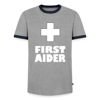 first aider - Men's Ringer Shirt - grey/navy  - Front - AI Model Female 172 light (172cm) & AI Model Male 178 light (178cm)