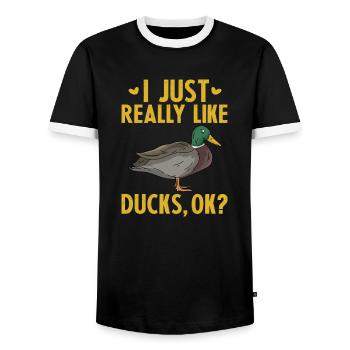 I Just Really Like Ducks OK - Men's Ringer Shirt - black/white - Front - AI Model Female 172 light (172cm) & AI Model Male 178 light (178cm)