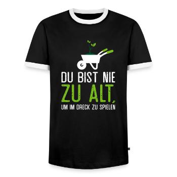 Du bist nie zu alt um im Dreck zu spielen. Garten - Männer Kontrast-T-Shirt - Schwarz/Weiß - Vorne - AI Model Female 172 light (172cm) & AI Model Male 178 light (178cm)