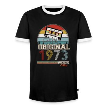 Elegant Retro Gift: 1973 Vintage - Men's Ringer Shirt - black/white - Front - AI Model Female 172 light (172cm) & AI Model Male 178 light (178cm)