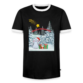 Meowy Christmas - Katze mit Sternschnuppe - Männer Kontrast-T-Shirt - Schwarz/Weiß - Vorne - AI Model Female 172 light (172cm) & AI Model Male 178 light (178cm)