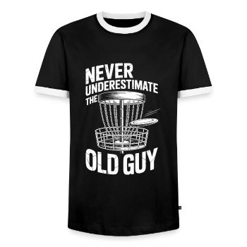 Never Underestimate the old guy disc golfing - Men's Ringer Shirt - black/white - Front - AI Model Female 172 light (172cm) & AI Model Male 178 light (178cm)