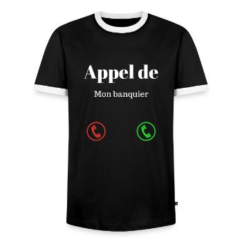 Call from my humor banker - Men's Ringer Shirt - black/white - Front - AI Model Female 172 light (172cm) & AI Model Male 178 light (178cm)