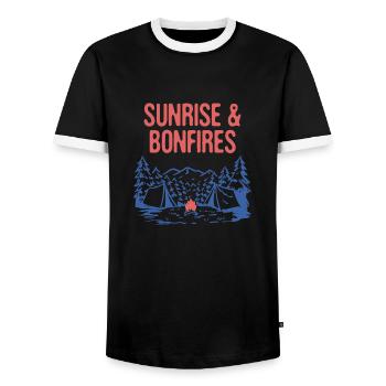 Sunrise & Bonfires Camping Summer Camper Tropical - Men's Ringer Shirt - black/white - Front - AI Model Female 172 light (172cm) & AI Model Male 178 light (178cm)