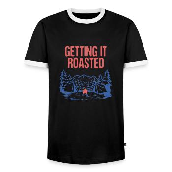 Getting it Roasted Camping Foodie Camper Food - Men's Ringer Shirt - black/white - Front - AI Model Female 172 light (172cm) & AI Model Male 178 light (178cm)