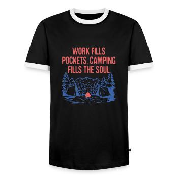 Camping Fills the Soul Motivational Quote Camper - Men's Ringer Shirt - black/white - Front - AI Model Female 172 light (172cm) & AI Model Male 178 light (178cm)