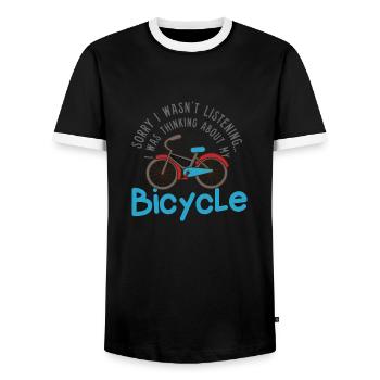 Penser à mon vélo : un dicton ironique : vélo - T-shirt contrasté Homme - noir/blanc - Devant - AI Model Female 172 light (172cm) & AI Model Male 178 light (178cm)