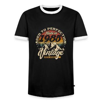 Made in 1985 Vintage Limited Edition Gift - Men's Ringer Shirt - black/white - Front - AI Model Female 172 light (172cm) & AI Model Male 178 light (178cm)
