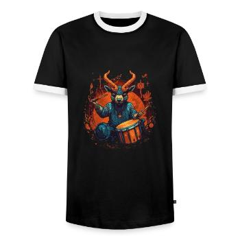 Goat Drummer Music Animal Drums Drummer - Men's Ringer Shirt - black/white - Front - AI Model Female 172 light (172cm) & AI Model Male 178 light (178cm)