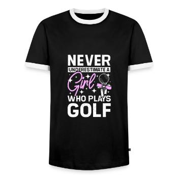 Never underestimate a golfing woman or girl - Men's Ringer Shirt - black/white - Front - AI Model Female 172 light (172cm) & AI Model Male 178 light (178cm)