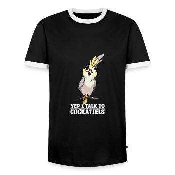 Oui, je parle aux calopsittes - T-shirt contrasté Homme - noir/blanc - Devant - AI Model Female 172 light (172cm) & AI Model Male 178 light (178cm)