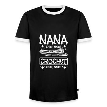 Nana is my name crochet is my game - Men's Ringer Shirt - black/white - Front - AI Model Female 172 light (172cm) & AI Model Male 178 light (178cm)