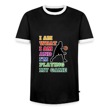 Basketball Liebe. Basketball - Mein Spiel, My Game - Männer Kontrast-T-Shirt - Schwarz/Weiß - Vorne - AI Model Female 172 light (172cm) & AI Model Male 178 light (178cm)