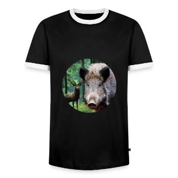 Hunting Hunter Wild Boar DEer Hunting - Men's Ringer Shirt - black/white - Front - AI Model Female 172 light (172cm) & AI Model Male 178 light (178cm)