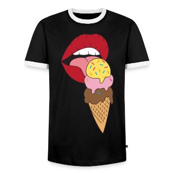 Rote Lippen die Eis schlecken Eiscreme - Männer Kontrast-T-Shirt - Schwarz/Weiß - Vorne - AI Model Female 172 light (172cm) & AI Model Male 178 light (178cm)