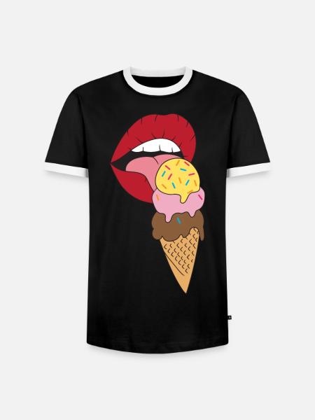 Lèvres rouges léchant la crème glacée - T-shirt contrasté Homme - noir/blanc