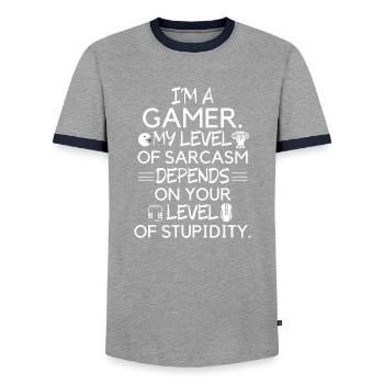 Dans le livre de mon level de sarcasm depends - T-shirt contrasté Homme - gris/marine  - Devant - AI Model Female 172 light (172cm) & AI Model Male 178 light (178cm)