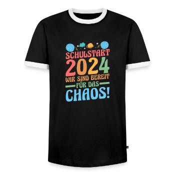Parents School Child Primary School First Grade Enrollment - Men's Ringer Shirt - black/white - Front - AI Model Female 172 light (172cm) & AI Model Male 178 light (178cm)