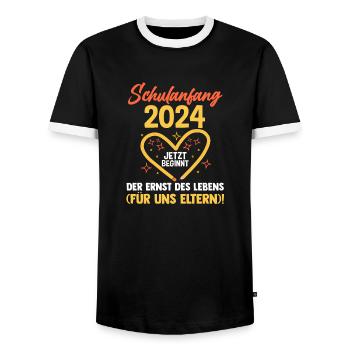 Parents School Child Primary School First Grade Enrollment - Men's Ringer Shirt - black/white - Front - AI Model Female 172 light (172cm) & AI Model Male 178 light (178cm)