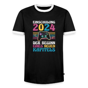 1st Grade Schoolchild Back to School Gamer School Enrollment - Men's Ringer Shirt - black/white - Front - AI Model Female 172 light (172cm) & AI Model Male 178 light (178cm)