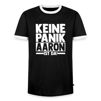 First name Aaron - Men's Ringer Shirt - black/white - Front - AI Model Female 172 light (172cm) & AI Model Male 178 light (178cm)