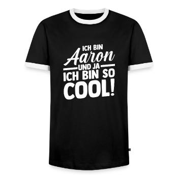 First name Aaron - Men's Ringer Shirt - black/white - Front - AI Model Female 172 light (172cm) & AI Model Male 178 light (178cm)