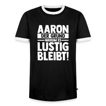 First name Aaron - Men's Ringer Shirt - black/white - Front - AI Model Female 172 light (172cm) & AI Model Male 178 light (178cm)