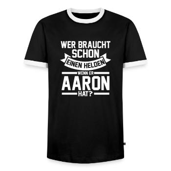 First name Aaron - Men's Ringer Shirt - black/white - Front - AI Model Female 172 light (172cm) & AI Model Male 178 light (178cm)