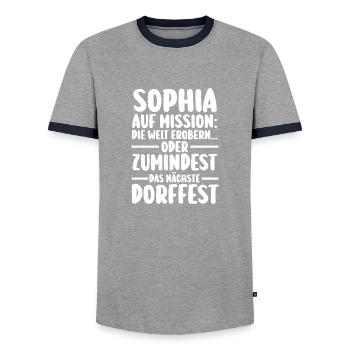 First name Sophia village festival - Men's Ringer Shirt - grey/navy  - Front - AI Model Female 172 light (172cm) & AI Model Male 178 light (178cm)