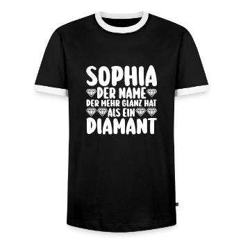 First name Sophia - Men's Ringer Shirt - black/white - Front - AI Model Female 172 light (172cm) & AI Model Male 178 light (178cm)