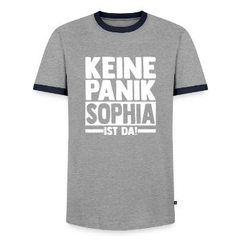 First name Sophia - Men's Ringer Shirt - grey/navy  - Front - AI Model Female 172 light (172cm) & AI Model Male 178 light (178cm)
