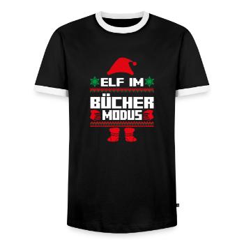 Christmas Elf Christmas Reading Books Elf - Men's Ringer Shirt - black/white - Front - AI Model Female 172 light (172cm) & AI Model Male 178 light (178cm)