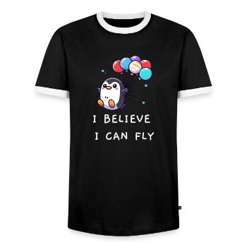 Pinguin "I believe I can fly" - Männer Kontrast-T-Shirt - Schwarz/Weiß - Vorne - AI Model Female 172 light (172cm) & AI Model Male 178 light (178cm)
