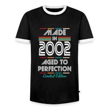 20th Birthday - Made in 2002 - Men's Ringer Shirt - black/white - Front - AI Model Female 172 light (172cm) & AI Model Male 178 light (178cm)