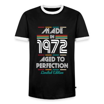 50th Birthday - Made in 1972 - Men's Ringer Shirt - black/white - Front - AI Model Female 172 light (172cm) & AI Model Male 178 light (178cm)