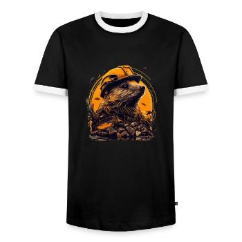Bieber as master builder with yellow safety helmet - Men's Ringer Shirt - black/white - Front - AI Model Female 172 light (172cm) & AI Model Male 178 light (178cm)