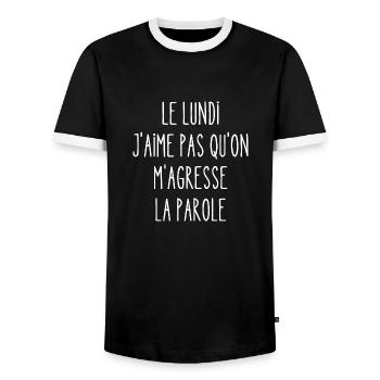 le lundi j'aime pas qu'on m'agresse la parole - T-shirt contrasté Homme - noir/blanc - Devant - AI Model Female 172 light (172cm) & AI Model Male 178 light (178cm)