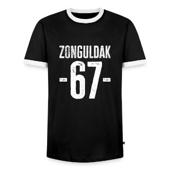 Zonguldak 67 – Schwarzmeerregion aus Türkiye - Männer Kontrast-T-Shirt - Schwarz/Weiß - Vorne - AI Model Female 172 light (172cm) & AI Model Male 178 light (178cm)
