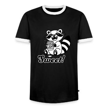 Mignon raton laveur mangeant de la confiture - Design « Sweet » - T-shirt contrasté Homme - noir/blanc - Devant - AI Model Female 172 light (172cm) & AI Model Male 178 light (178cm)