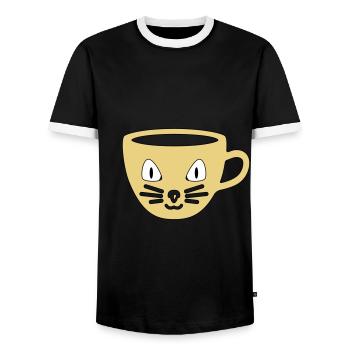 Tasse mit Katzengesicht Kaffeetasse Teetasse Katze - Männer Kontrast-T-Shirt - Schwarz/Weiß - Vorne - AI Model Female 172 light (172cm) & AI Model Male 178 light (178cm)