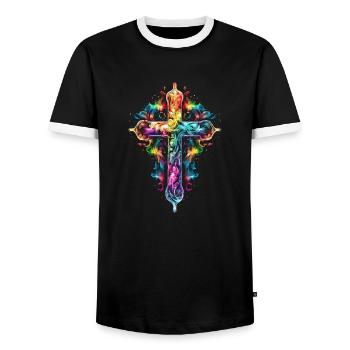 Regenbogen, Kreuz, Christentum, Glaube, Liebe, - Männer Kontrast-T-Shirt - Schwarz/Weiß - Vorne - AI Model Female 172 light (172cm) & AI Model Male 178 light (178cm)