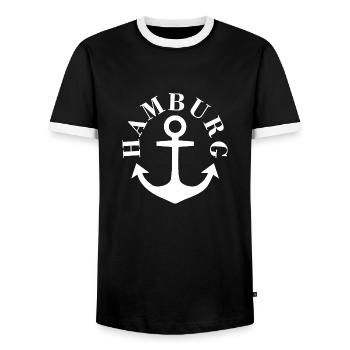 Hamburg Anker White - Men's Ringer Shirt - black/white - Front - AI Model Female 172 light (172cm) & AI Model Male 178 light (178cm)
