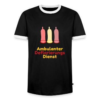 Ambulanter Deflorierungs Dienst - Männer Kontrast-T-Shirt - Schwarz/Weiß - Vorne - AI Model Female 172 light (172cm) & AI Model Male 178 light (178cm)