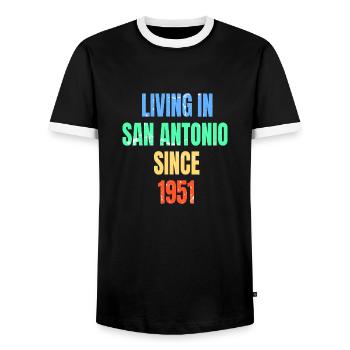 Retro Vintage Living In San Antonio Since 1951 - Men's Ringer Shirt - black/white - Front - AI Model Female 172 light (172cm) & AI Model Male 178 light (178cm)
